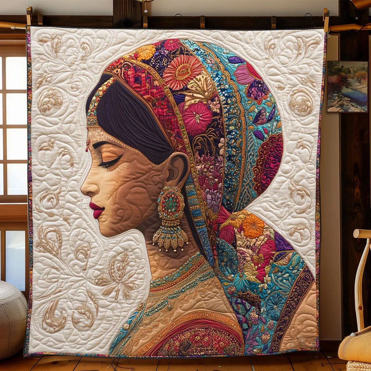 Indian Woman Portrait Quilt Blanket