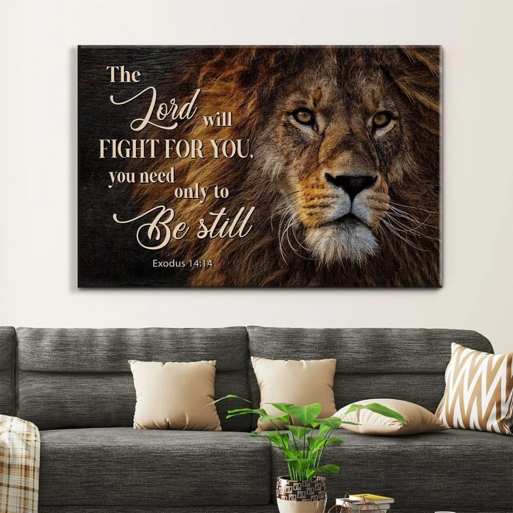lion of judah exodus 14 14 the lord will fight for you wall art christian canvas print (Landscape) (view 4)