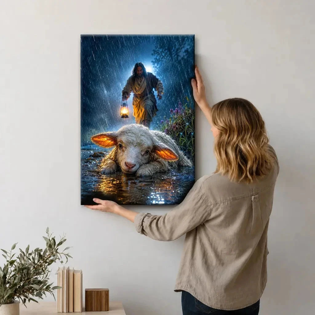 jesus rescues the lost lamb in the storm christian wall art canvas (view 8)