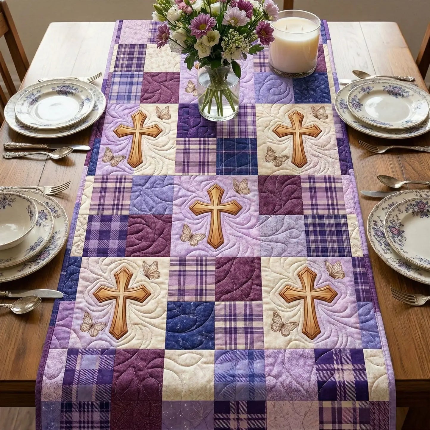 Lavender Cross Quilted Table Runner