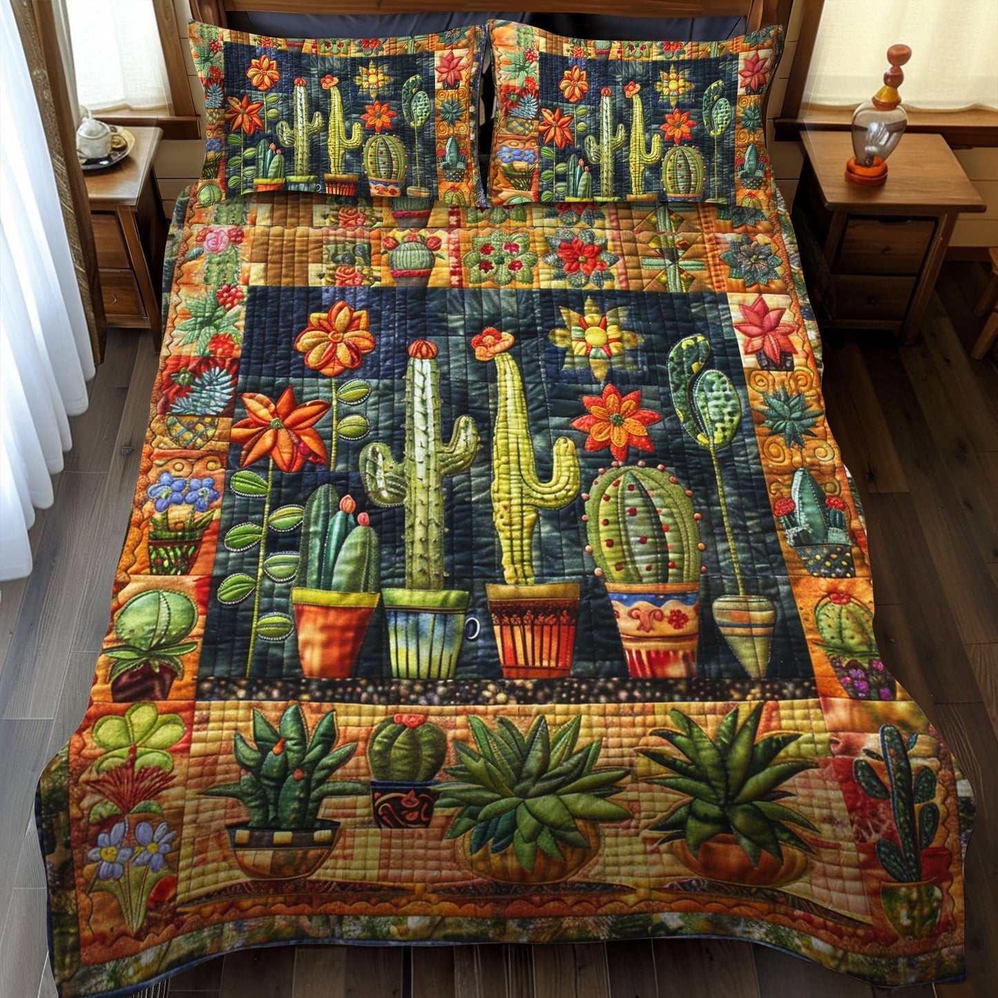 Vibrant Succulent Cactus 3-Piece Quilted Bedding Set - Single (59" x 70")