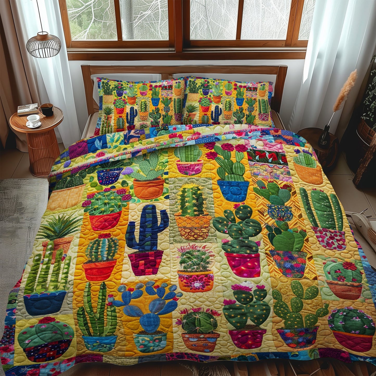 Desert Bloom Cactus 3-Piece Quilted Bedding Set - Single (59" x 70")