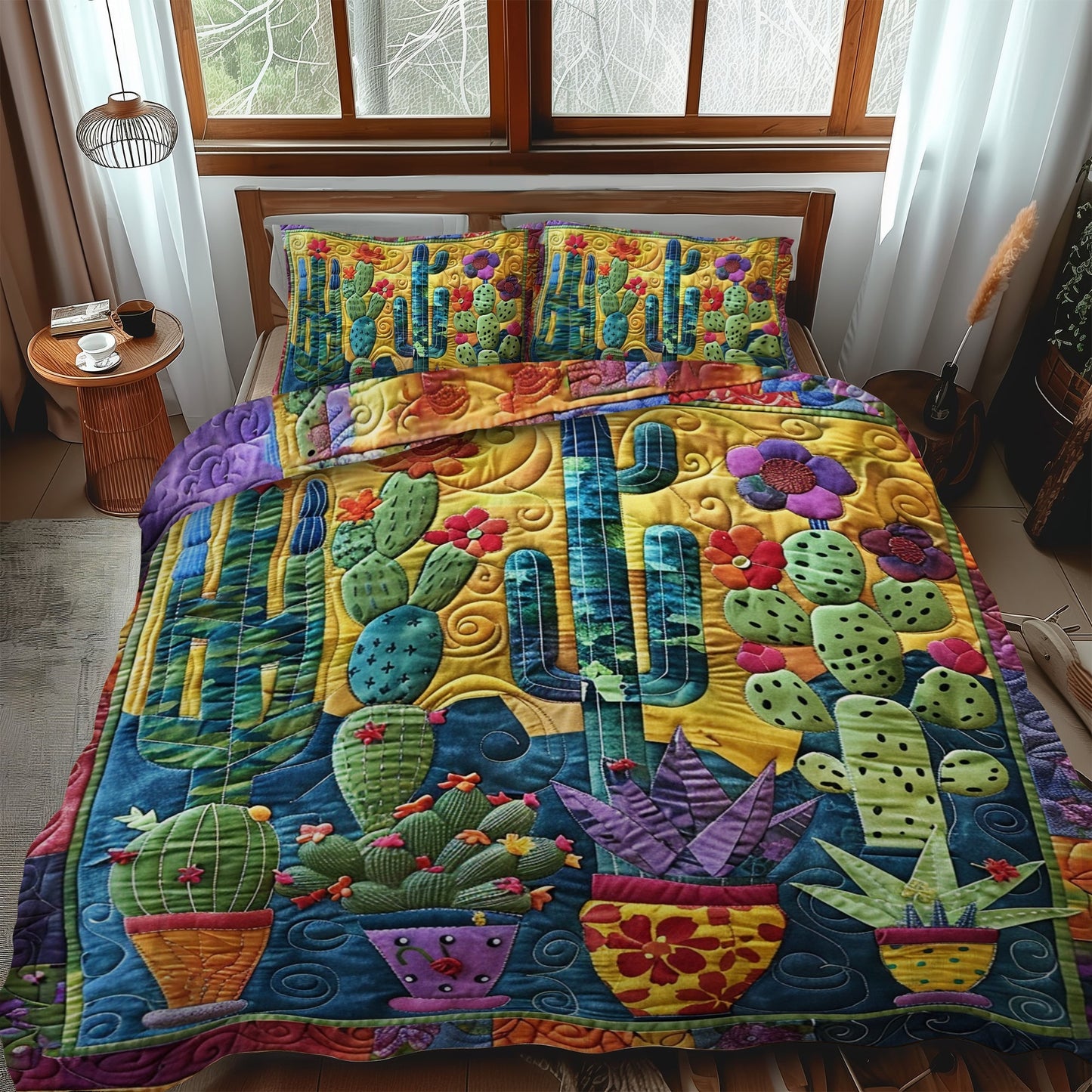 Blooming Cacti 3-Piece Quilted Bedding Set - Single (59" x 70")