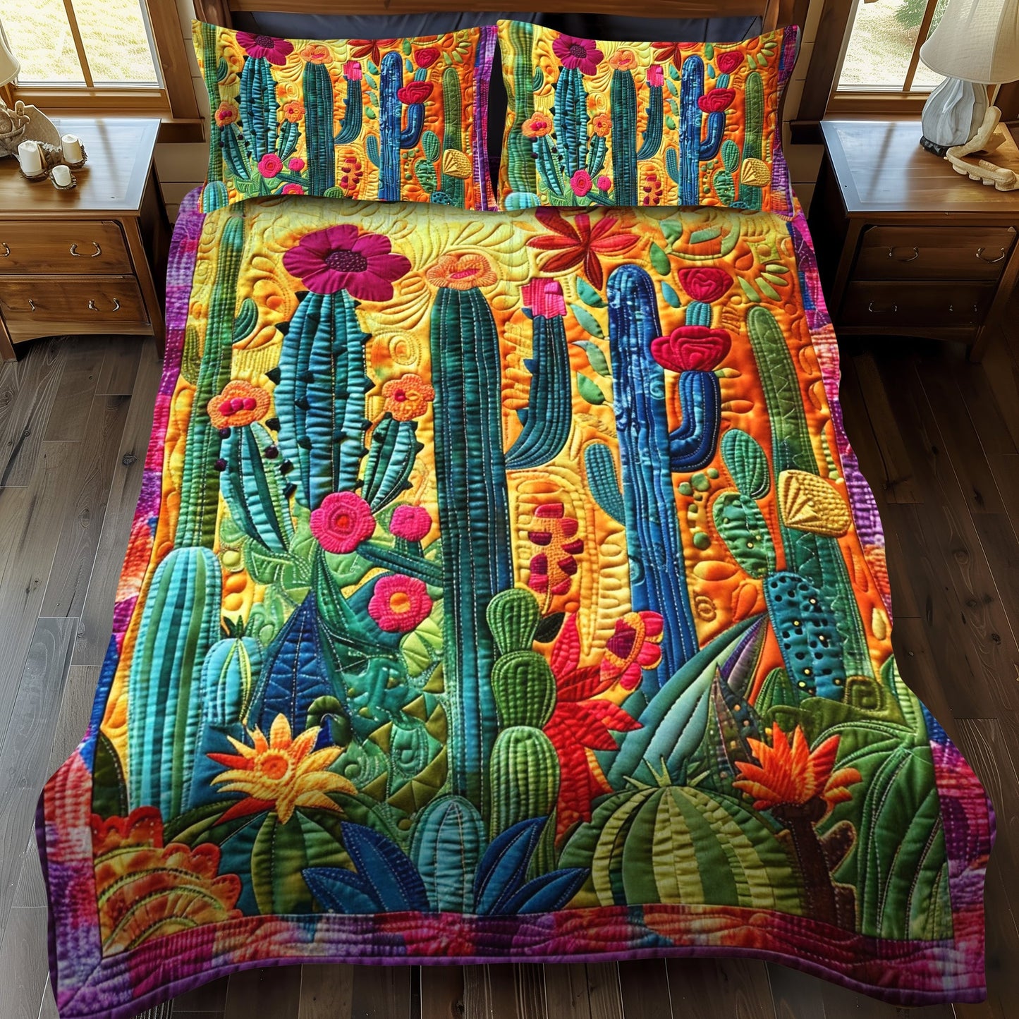 Flowering Cactus 3-Piece Quilted Bedding Set - Single (59" x 70")
