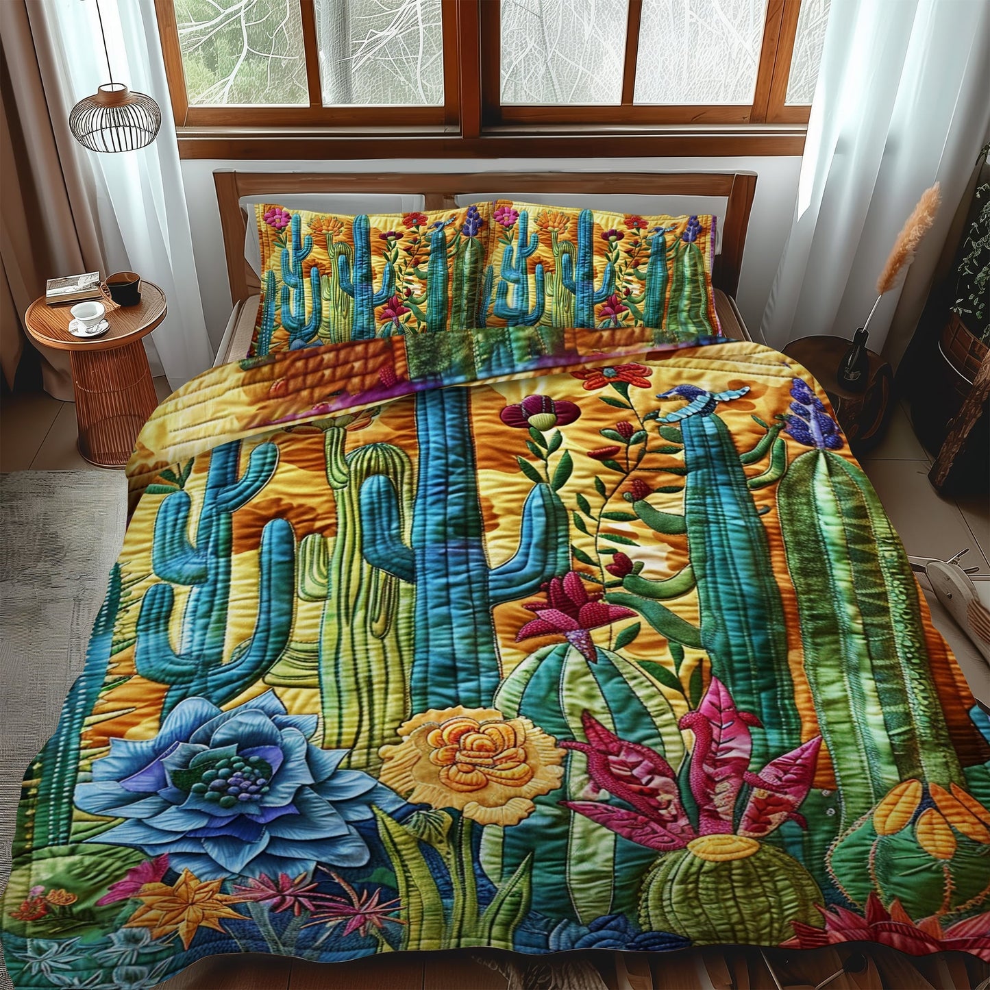 Blossoming Cactus Elegance 3-Piece Quilted Bedding Set - Single (59" x 70")