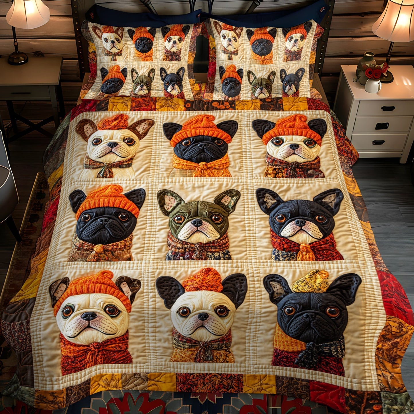 French Bulldog Patterned 3-Piece Quilted Bedding Set - Single (59" x 70")
