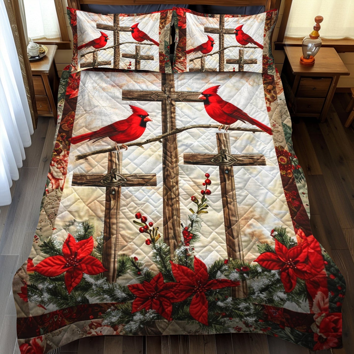 Cardinal Jesus Cross 3-Piece Quilted Bedding Set - Single (59" x 70")