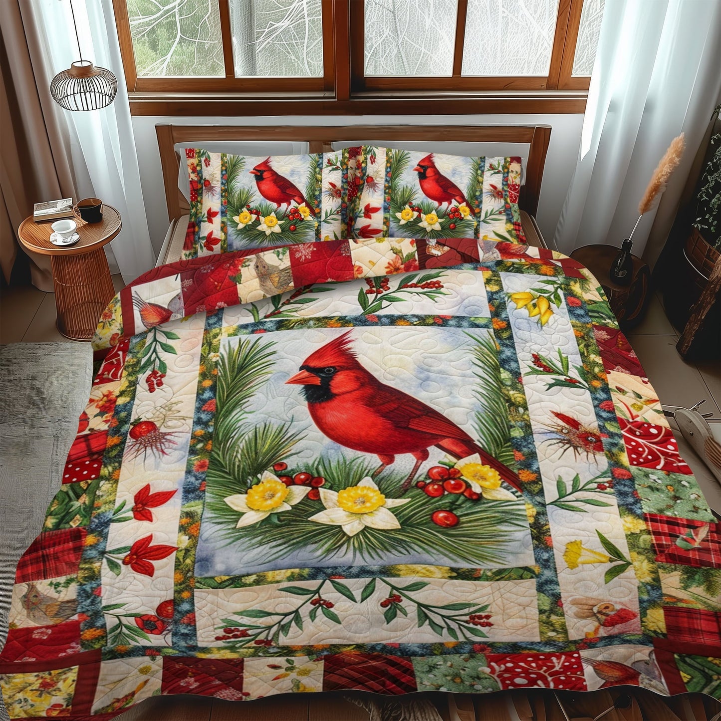Elegant Cardinal Bird 3-Piece Quilted Bedding Set - Single (59" x 70")