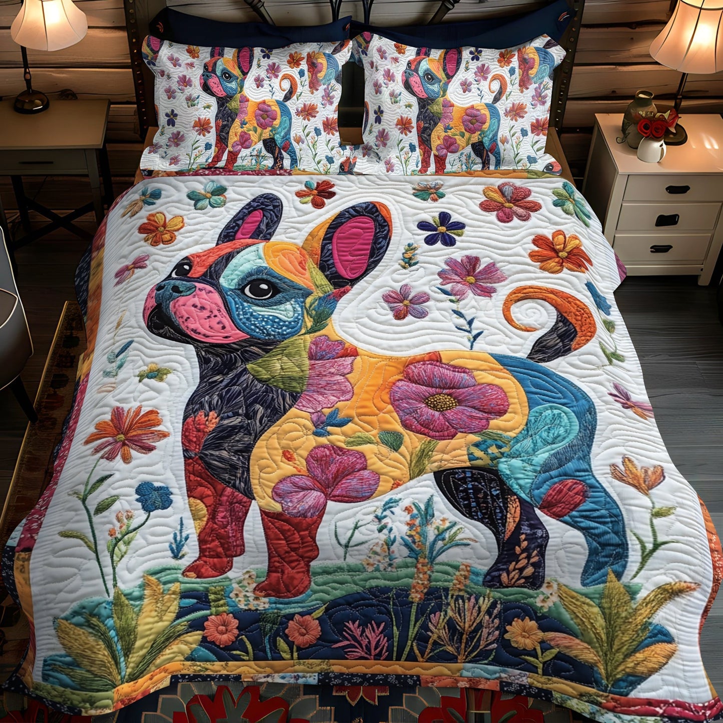 Adorable French Bulldog 3-Piece Quilted Bedding Set - Single (59" x 70")