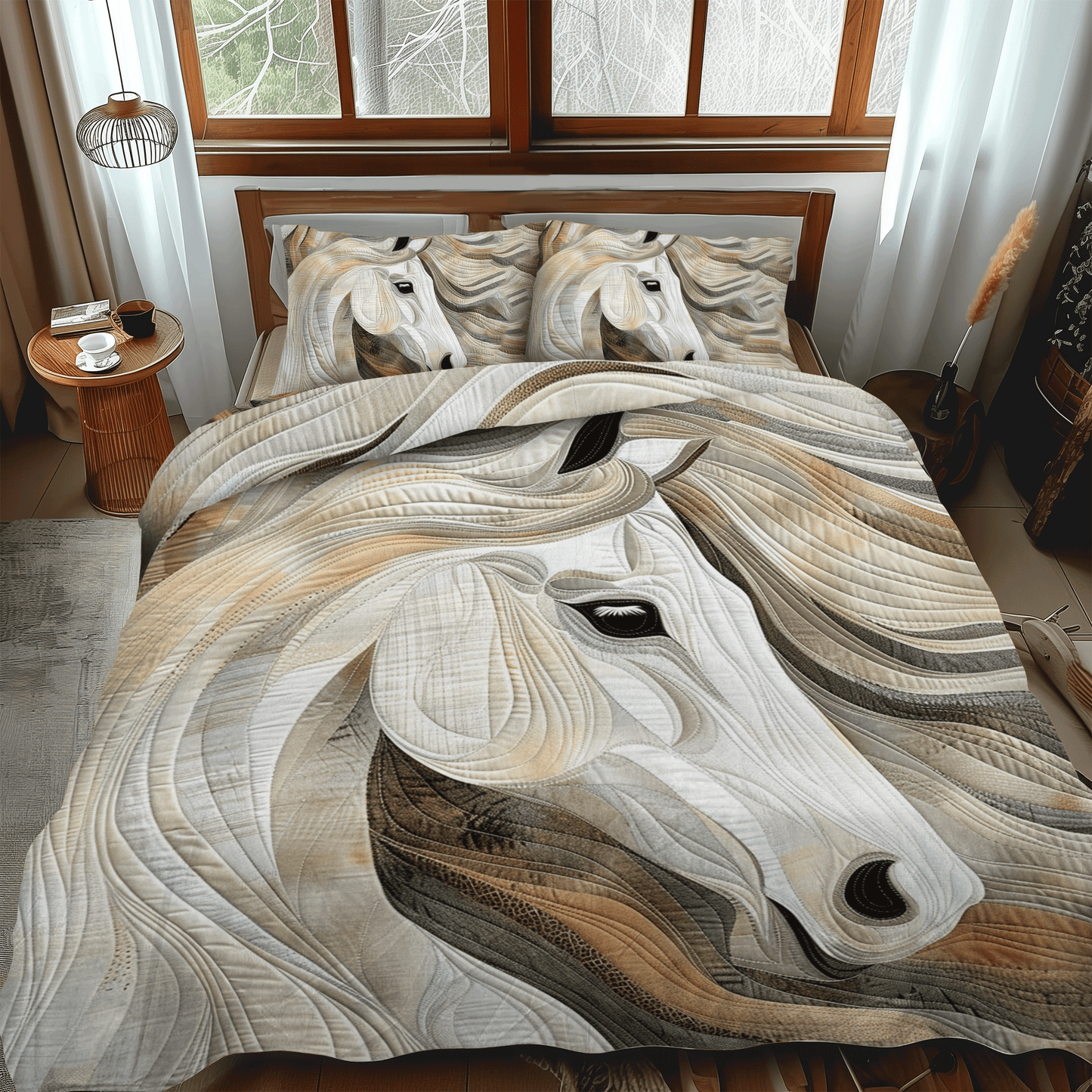 Artistic White Horse 3-Piece Quilted Bedding Set - Single (59" x 70")