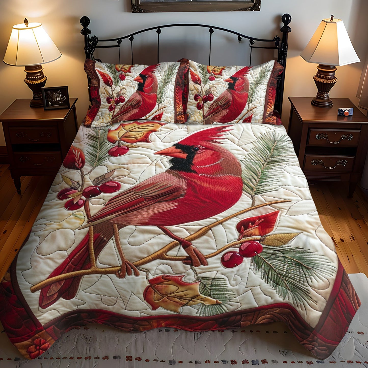 Cozy Cardinal Bird 3-Piece Quilted Bedding Set - Single (59" x 70")