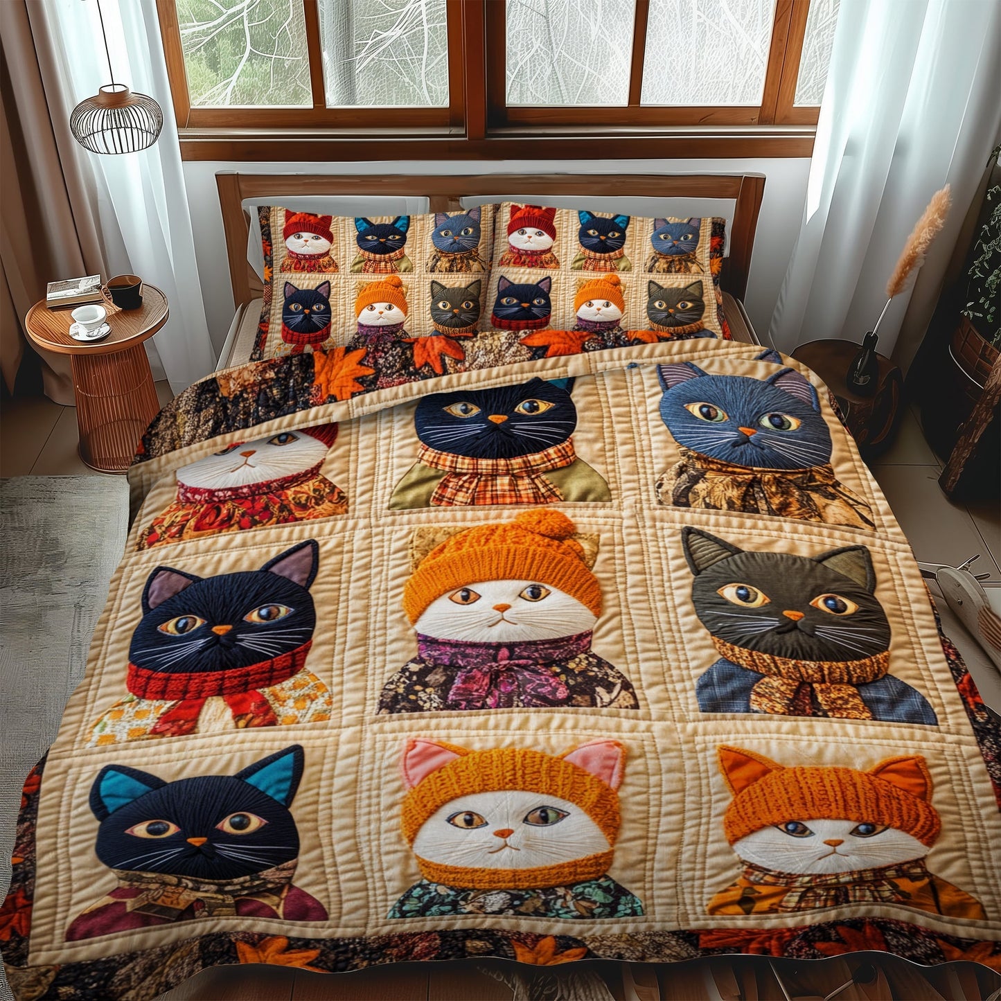 Charming Autumn Cat 3-Piece Quilted Bedding Set - Single (59" x 70")