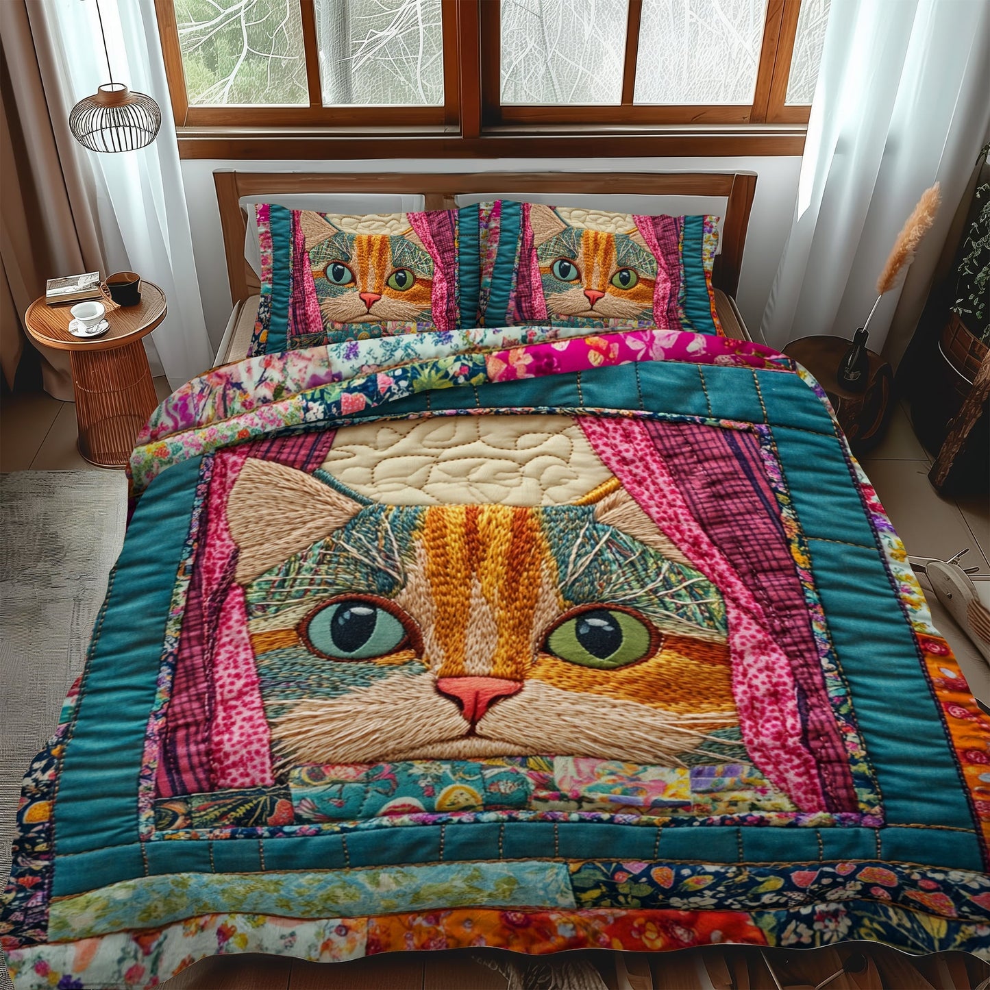Colorful Cat Peeking 3-Piece Quilted Bedding Set - Single (59" x 70")
