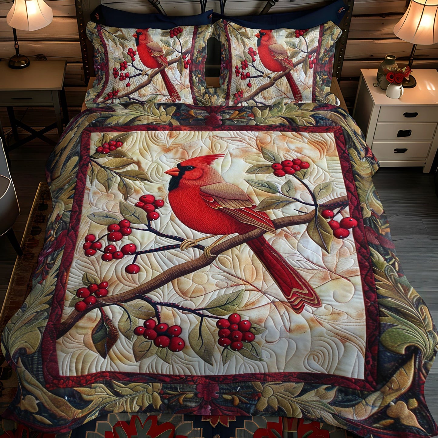 Winter Red Cardinal 3-Piece Quilted Bedding Set - Single (59" x 70")