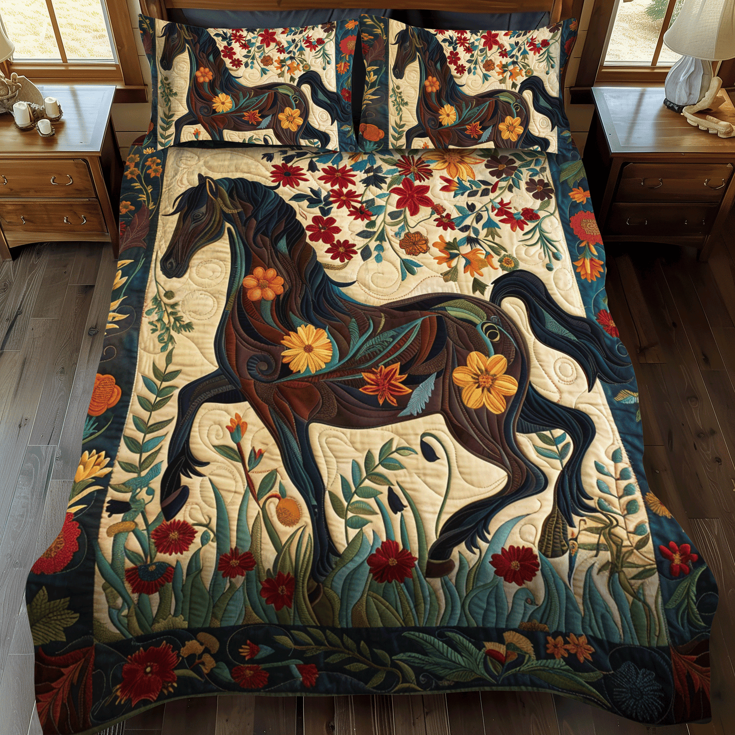 Artistic Horse-Themed 3-Piece Quilted Bedding Set - Single (59" x 70")