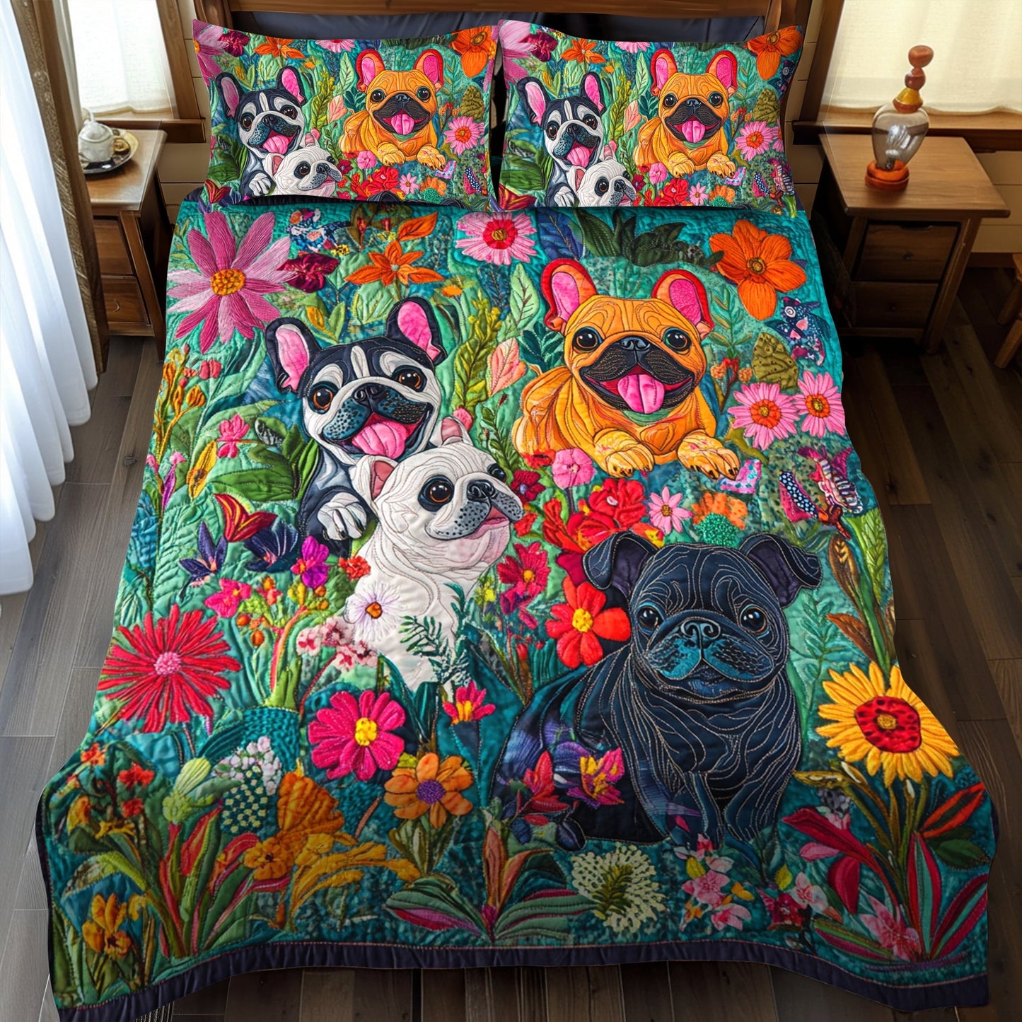 Vibrant Frenchie Faces 3-Piece Quilted Bedding Set - Single (59" x 70")
