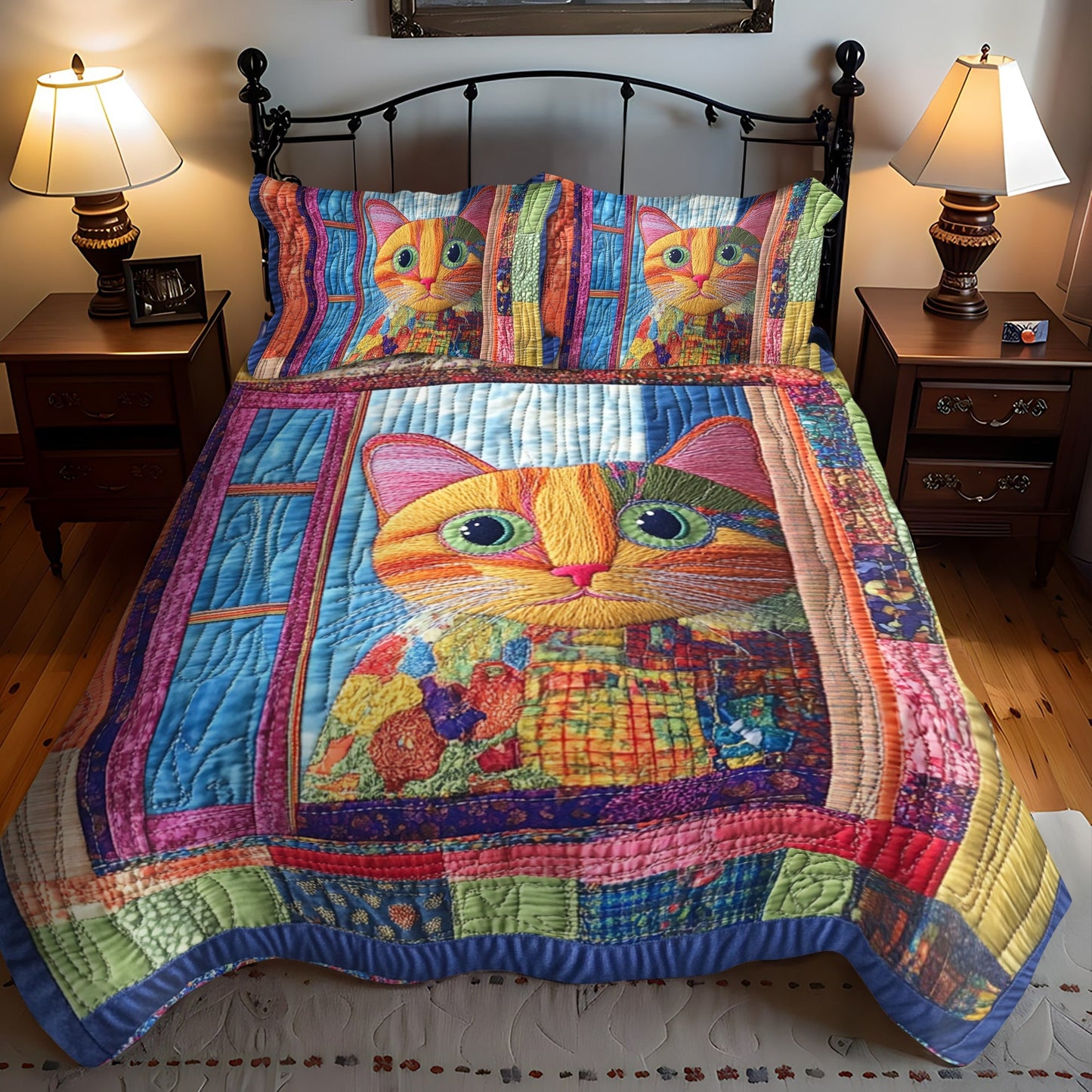 Vibrant Cat Peeking 3-Piece Quilted Bedding Set - Single (59" x 70")