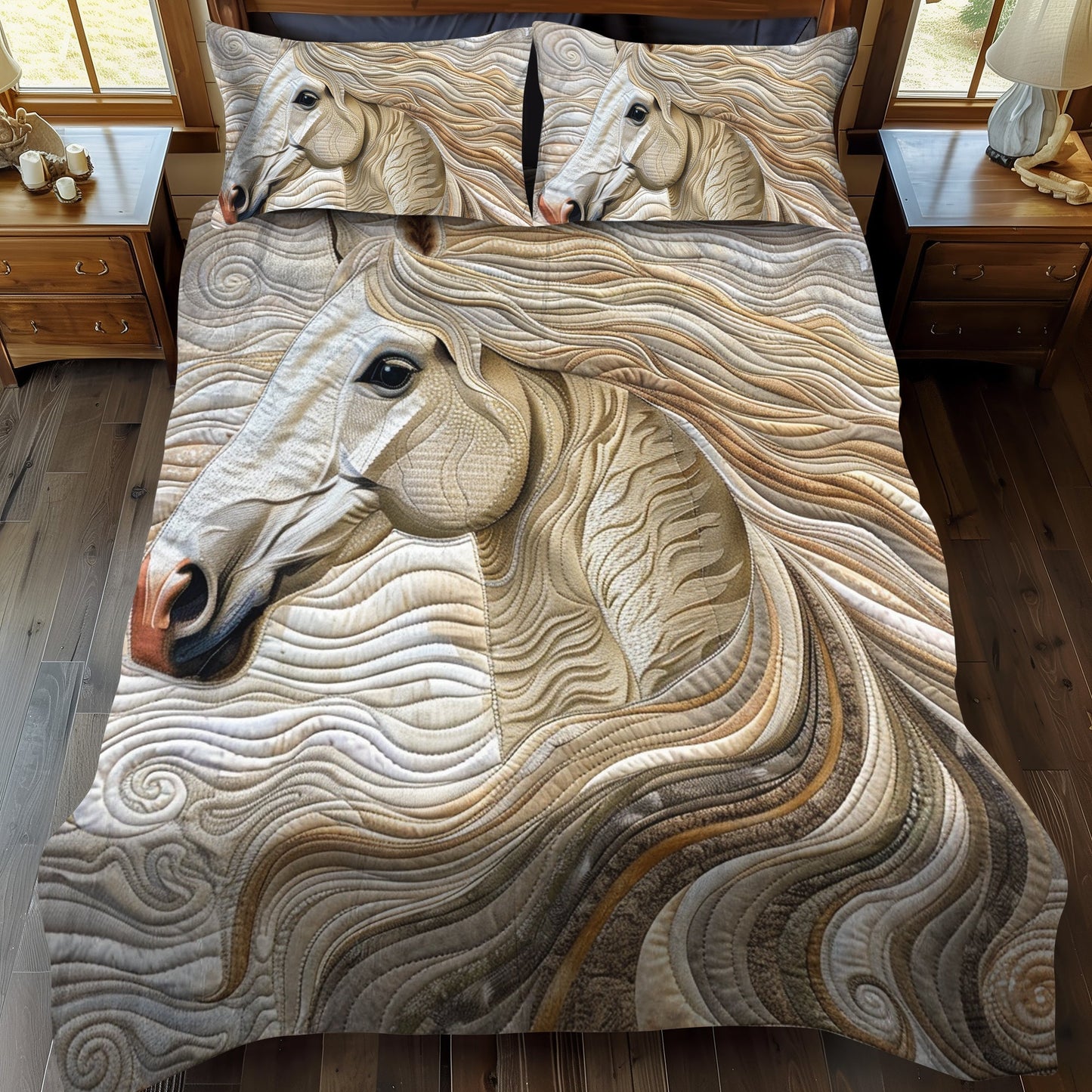 Vibrant White Horse 3-Piece Quilted Bedding Set - Single (59" x 70")