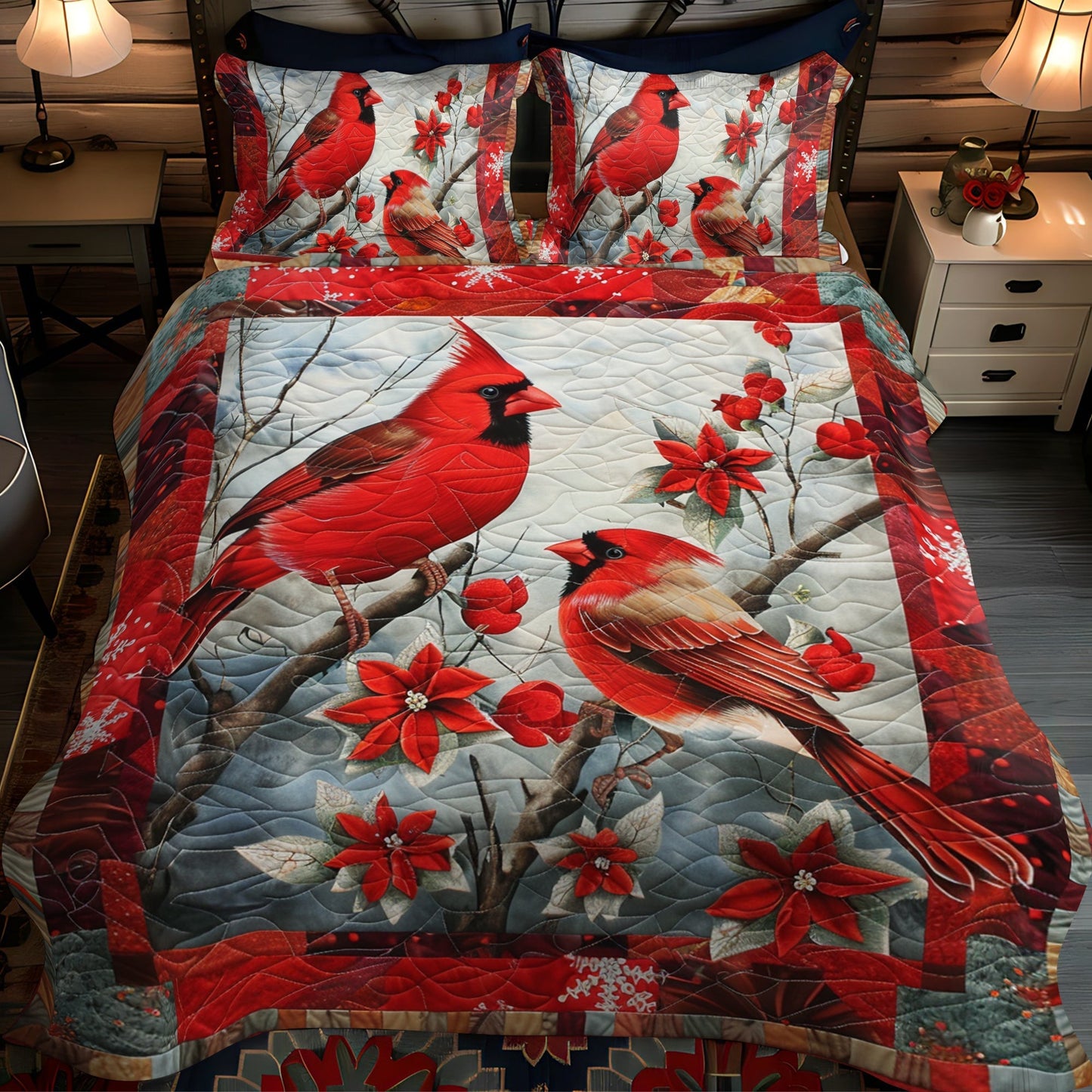 Cardinal Bird 3-Piece Quilted Bedding Set - Single (59" x 70")
