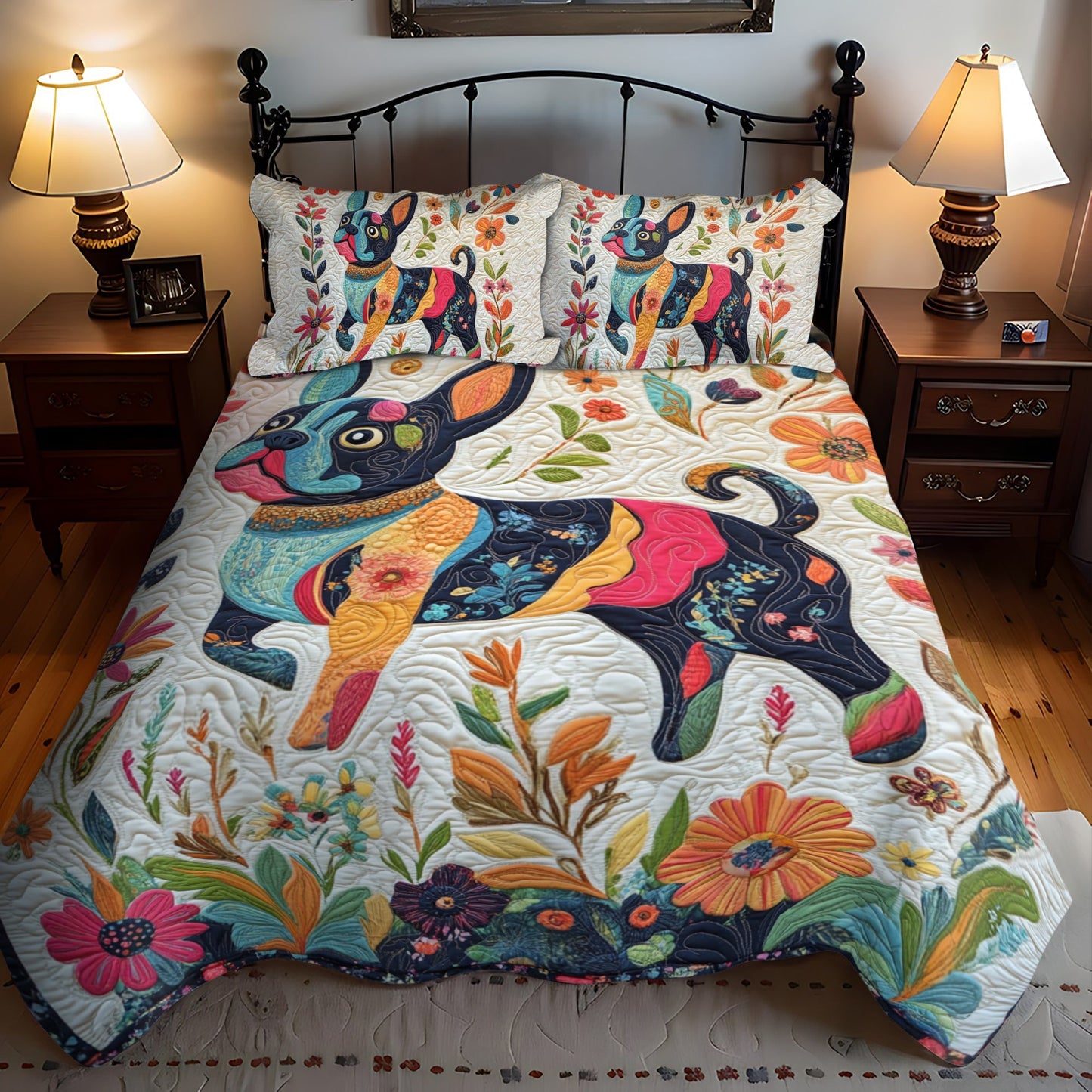 French Bulldog Floral 3-Piece Quilted Bedding Set - Single (59" x 70")