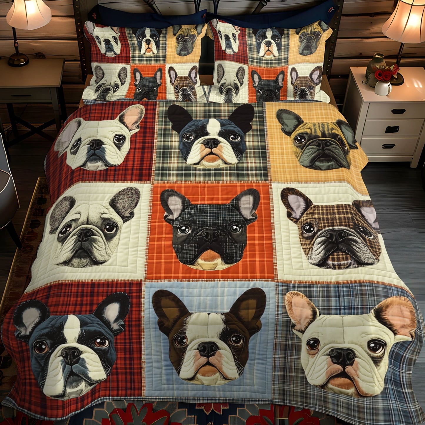 French Bulldog Patchwork 3-Piece Quilted Bedding Set - Single (59" x 70")