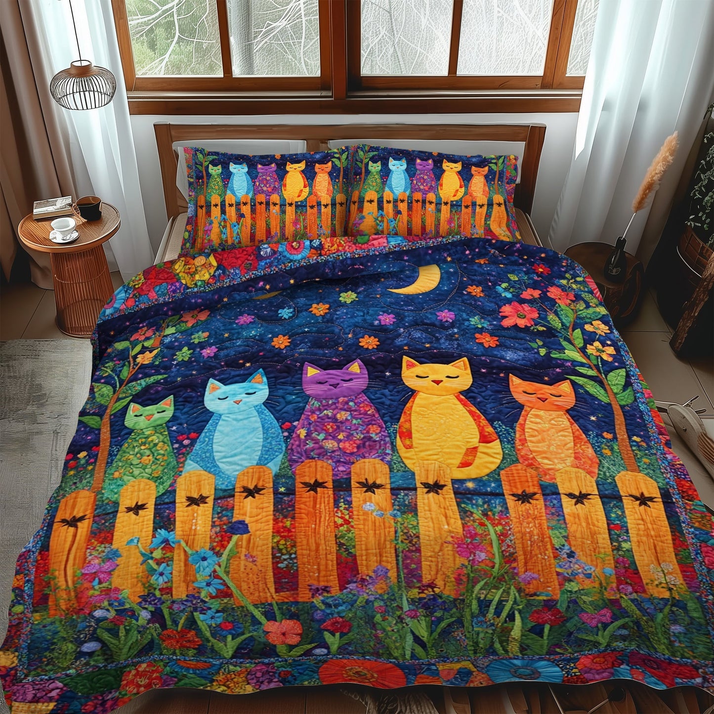 Whimsical Night Cat 3-Piece Quilted Bedding Set - Single (59" x 70")