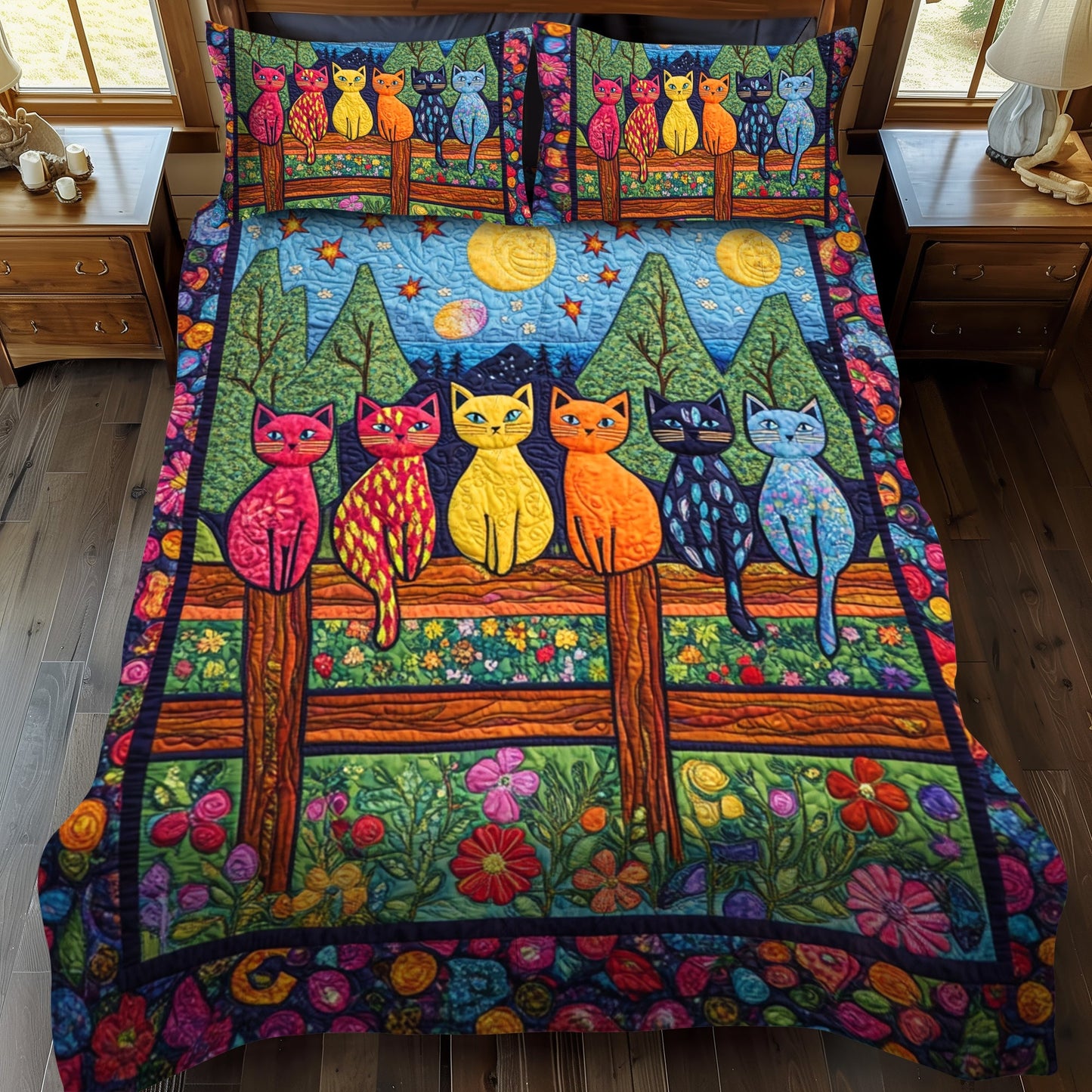 Artistic Night Cat-Themed 3-Piece Quilted Bedding Set - Single (59" x 70")