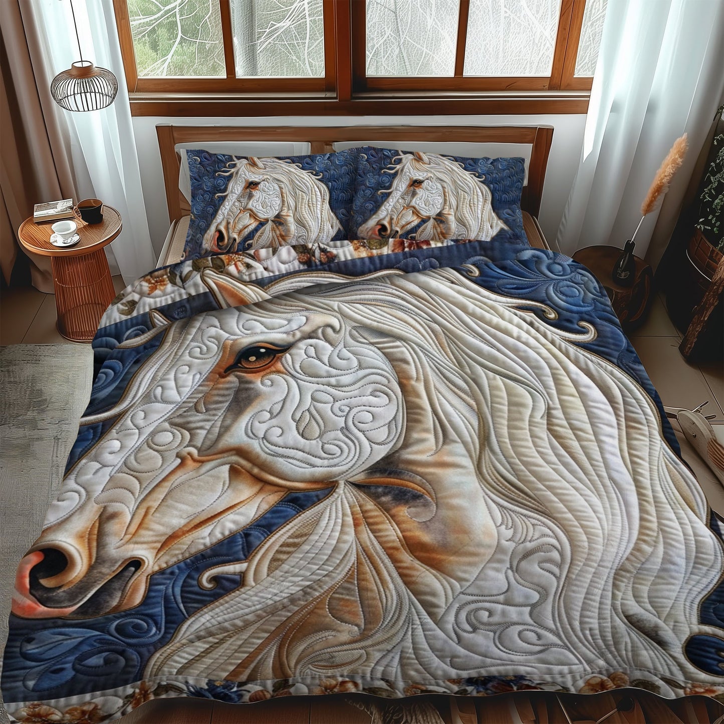 Artistic Horse-Themed 3-Piece Quilted Bedding Set - Single (59" x 70")