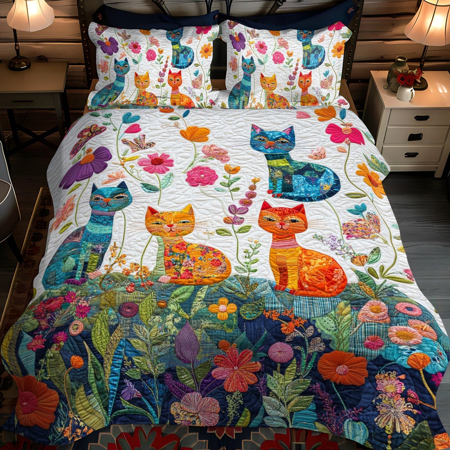 Feline Cat Fantasy 3-Piece Quilted Bedding Set - Single (59" x 70")