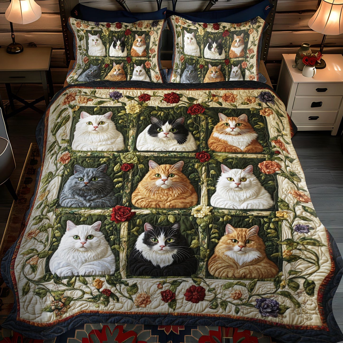 Floral Colorful Cats 3-Piece Quilted Bedding Set - Single (59" x 70")