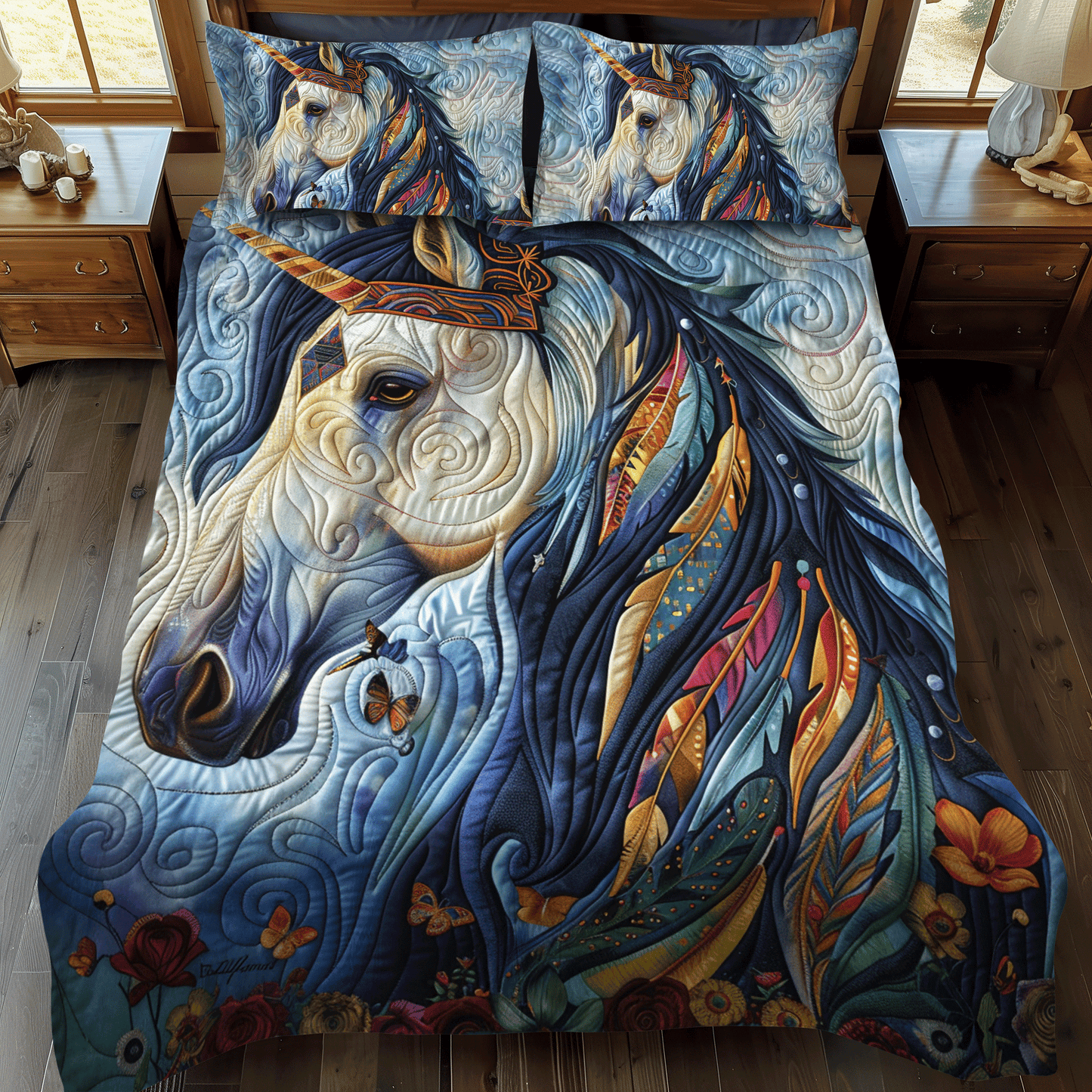 Vibrant Blue Horse 3-Piece Quilted Bedding Set - Single (59" x 70")