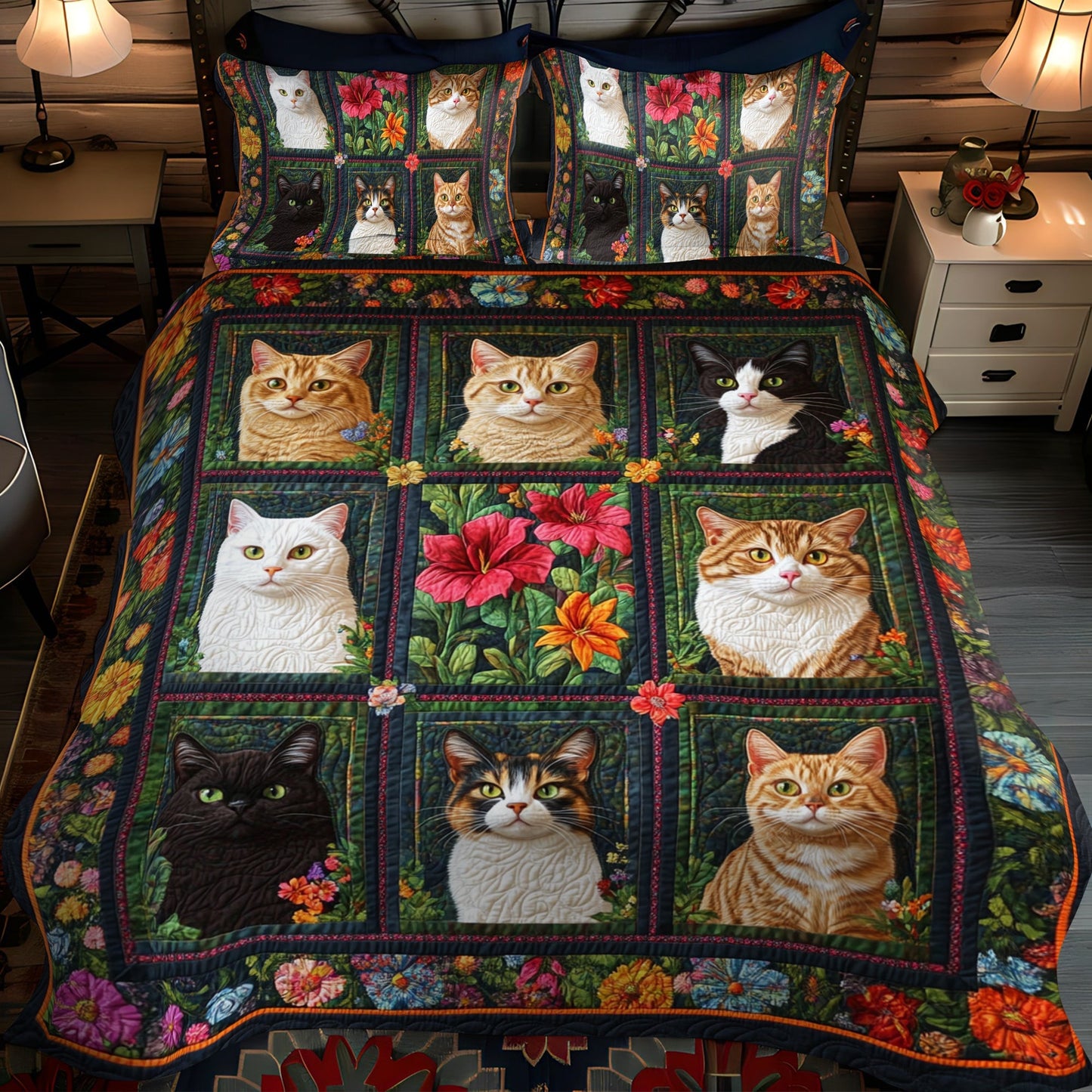 Vibrant Cute Cat 3-Piece Quilted Bedding Set - Single (59" x 70")