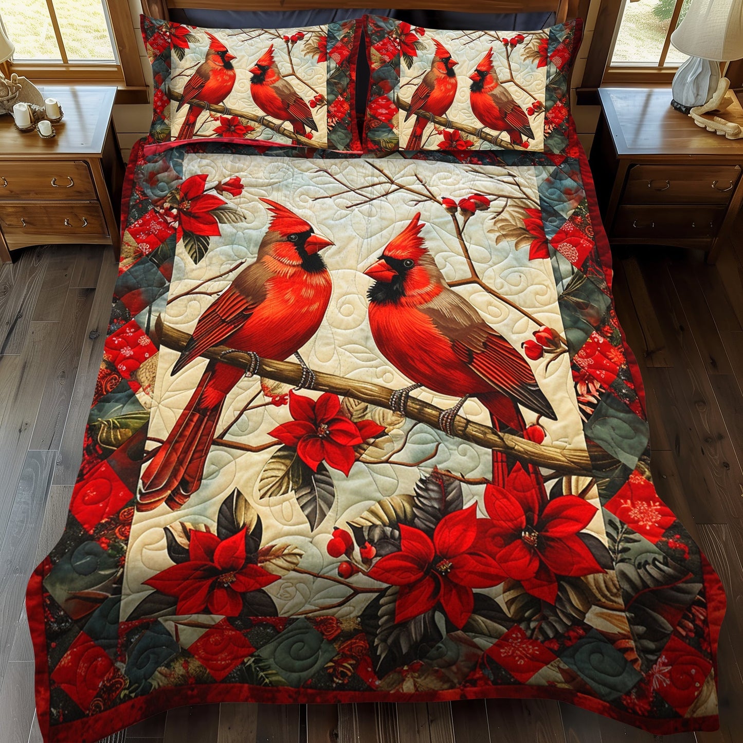 Red Cardinal Winter 3-Piece Quilted Bedding Set - Single (59" x 70")