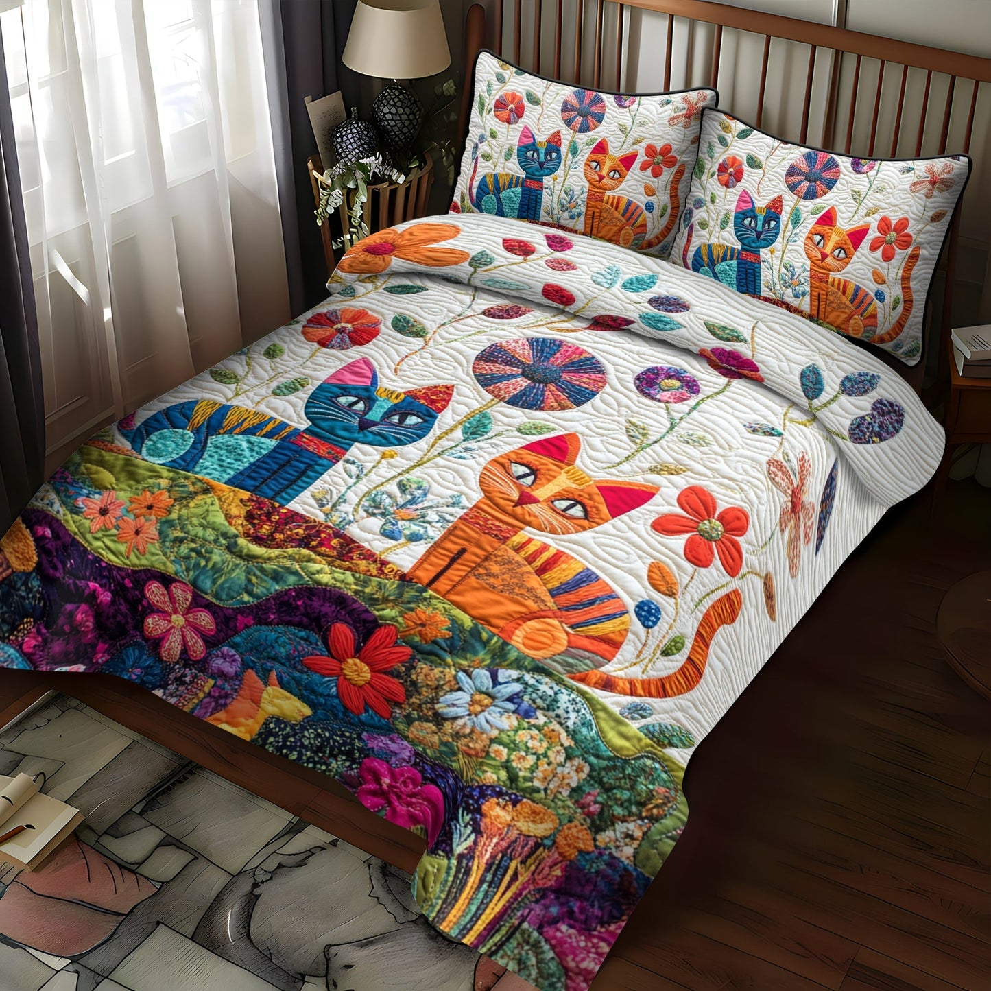 Cute Cat 3-Piece Quilted Bedding Set - Single (59" x 70")