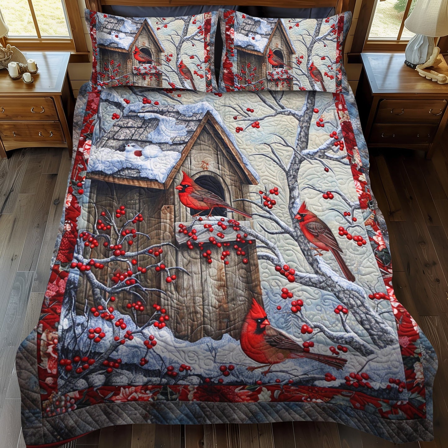 Nature-Inspired Cardinal 3-Piece Quilted Bedding Set - Single (59" x 70")