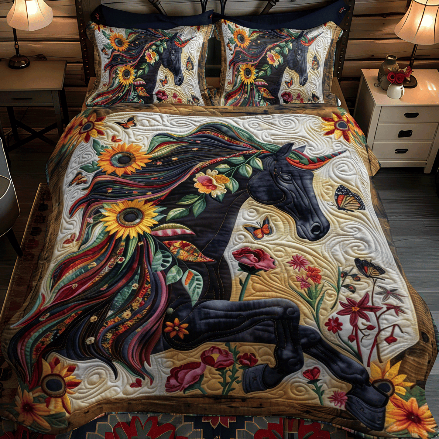 Artistic Mystical Steeds 3-Piece Quilted Bedding Set - Single (59" x 70")