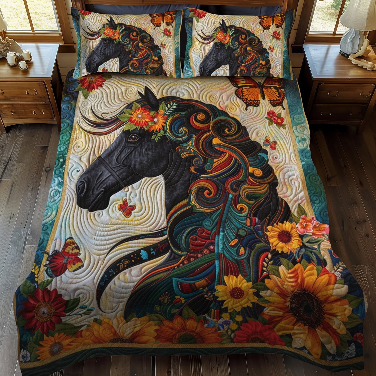 Floral Horse-Themed 3-Piece Quilted Bedding Set - Single (59" x 70")