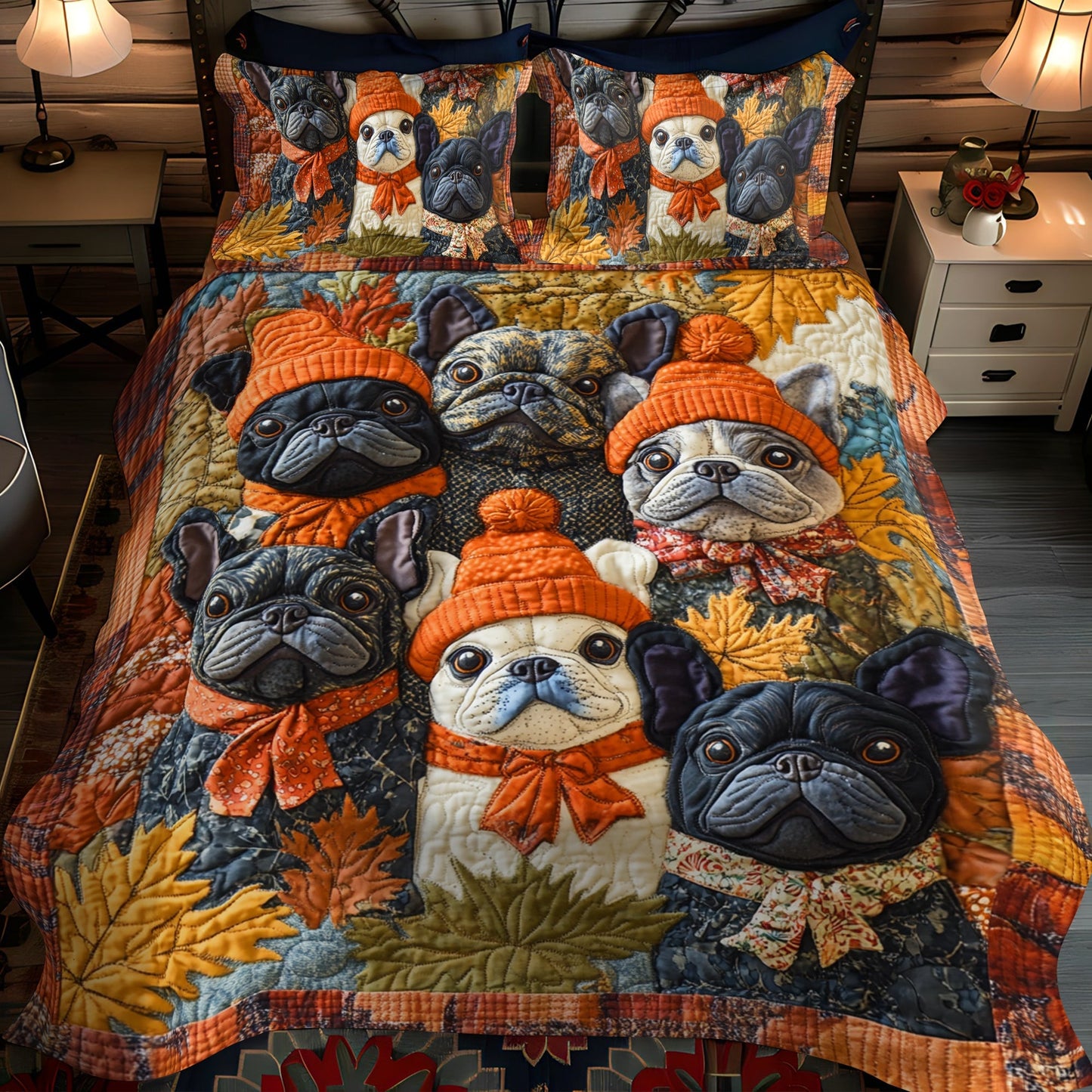 Frenchie Faces Thanksgiving 3-Piece Quilted Bedding Set - Single (59" x 70")