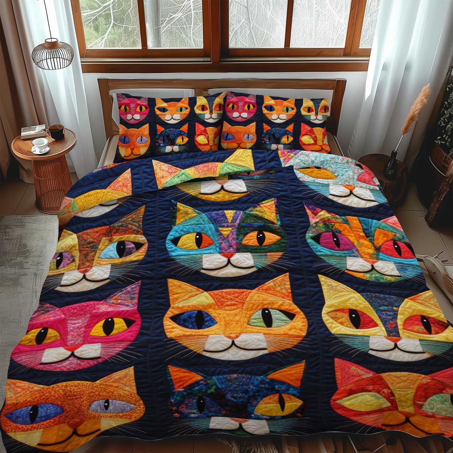 Whimsical Cat 3-Piece Quilted Bedding Set - Single (59" x 70")