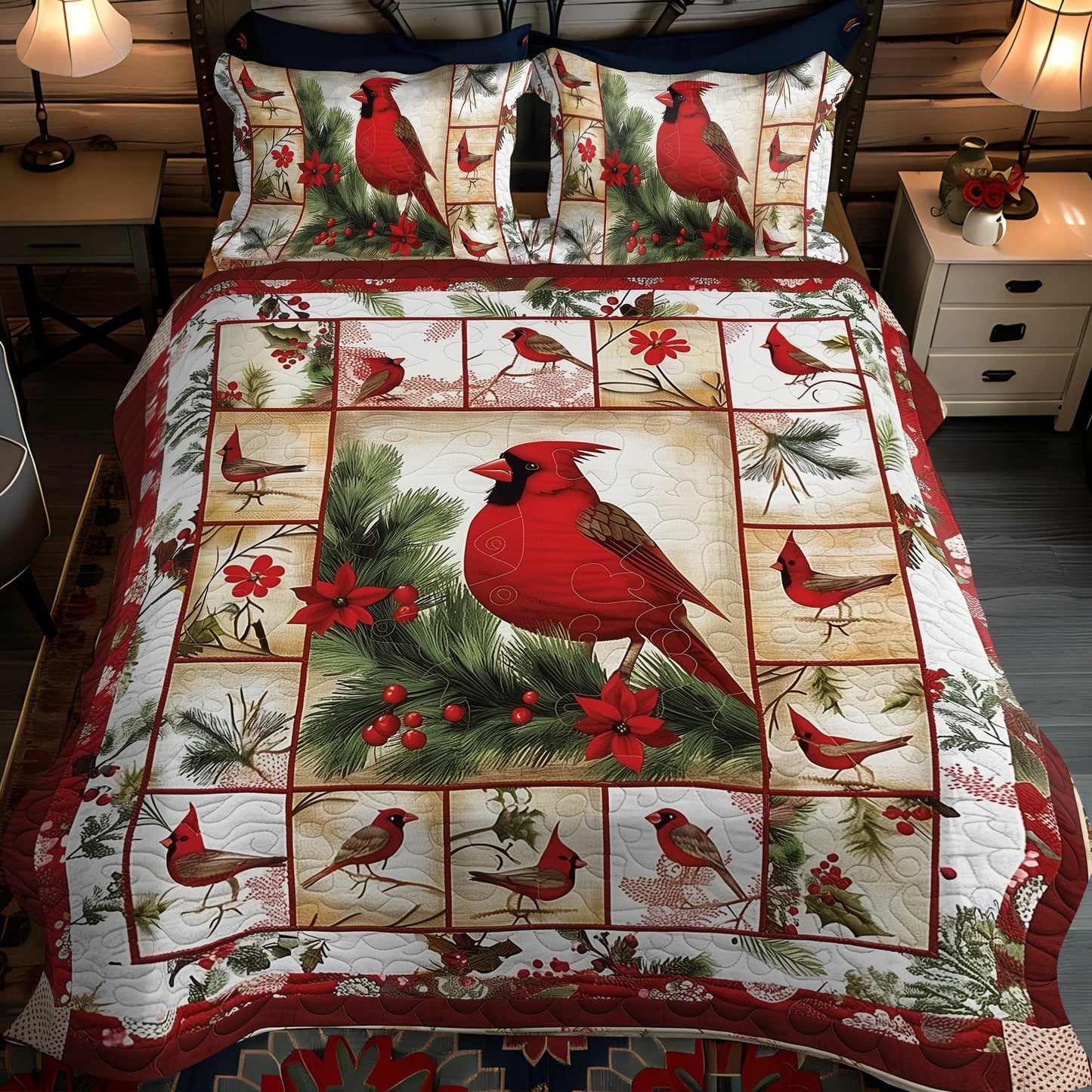 Cardinal Design 3-Piece Quilted Bedding Set - Single (59" x 70")