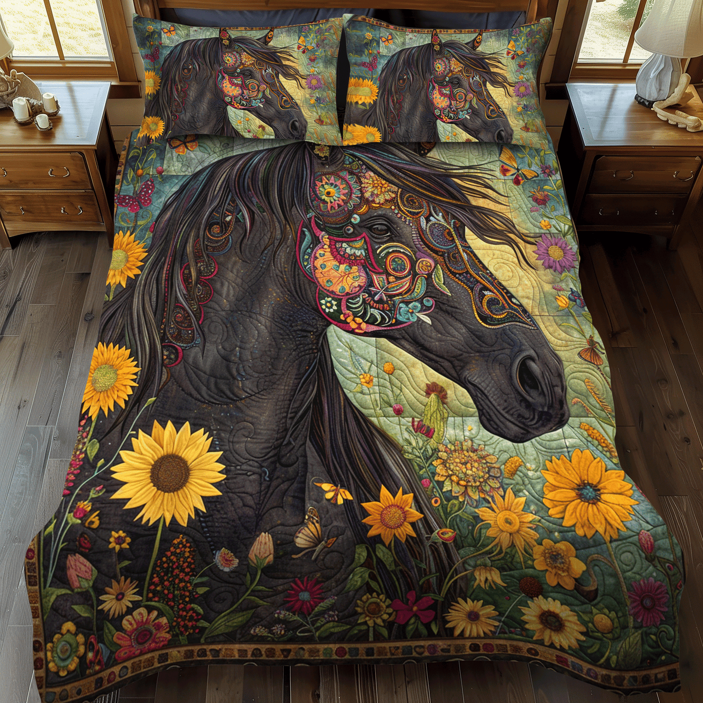 Floral Sunflower Horse 3-Piece Quilted Bedding Set - Single (59" x 70")