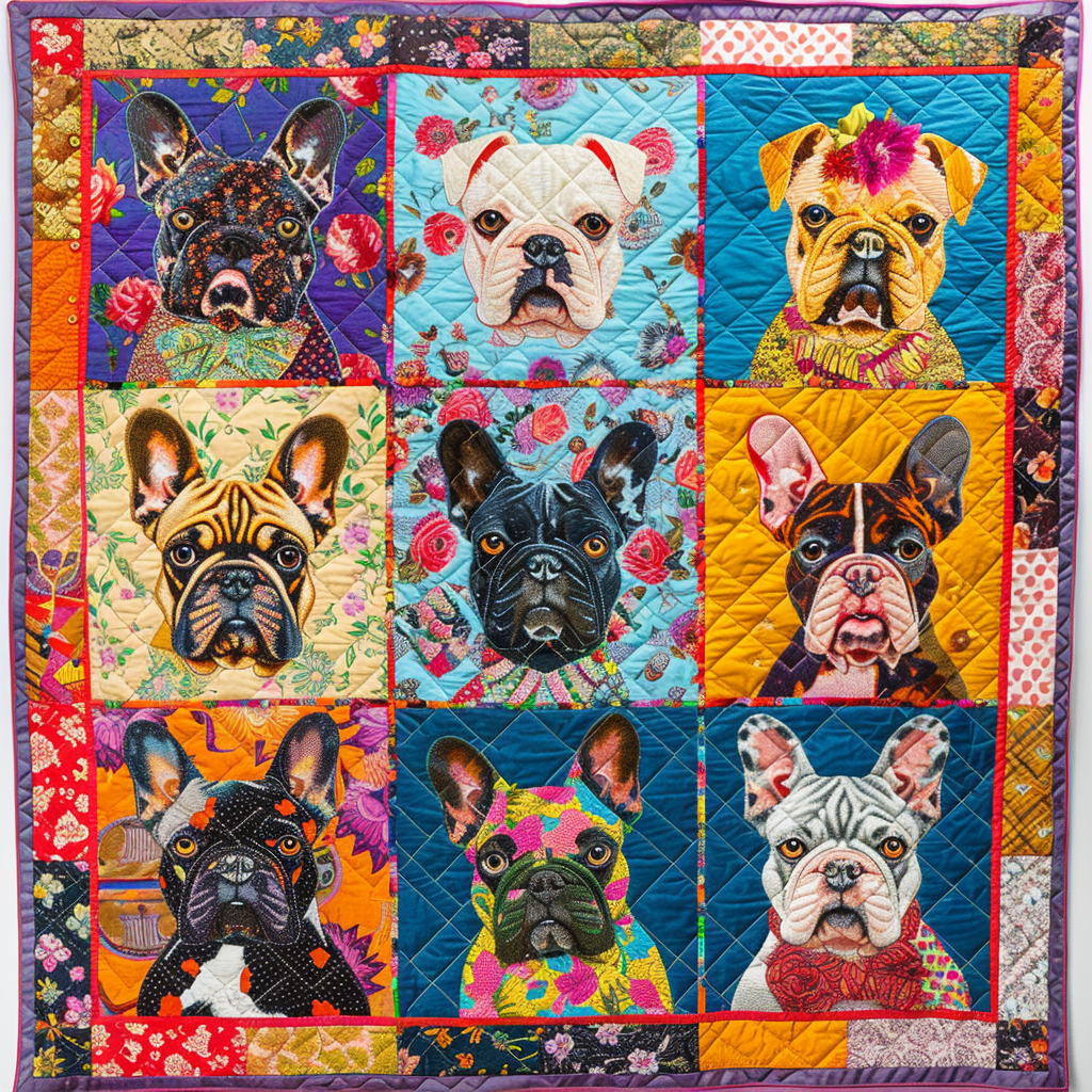 Vibrant Frenchie Faces Quilted Blanket - Throw (55" x 60")