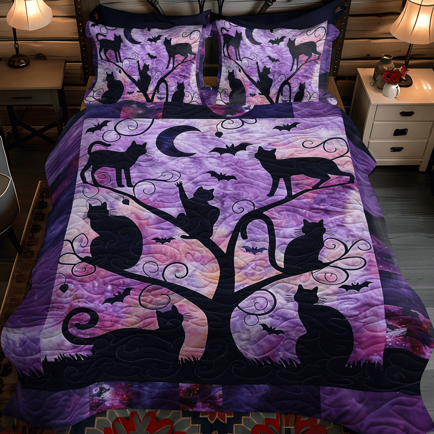 Night Black Cat 3-Piece Quilted Bedding Set - Single (59" x 70")
