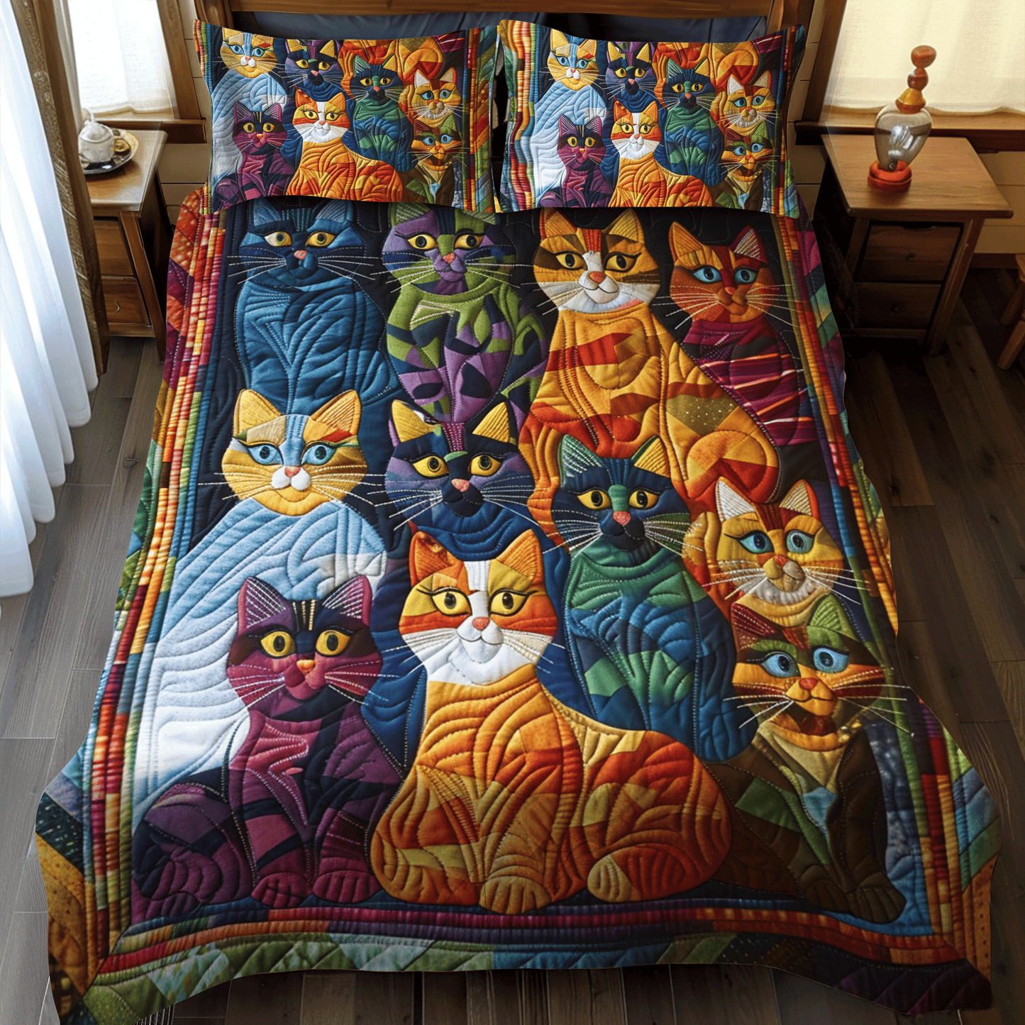 Whimsical Cat 3-Piece Quilted Bedding Set - Single (59" x 70")