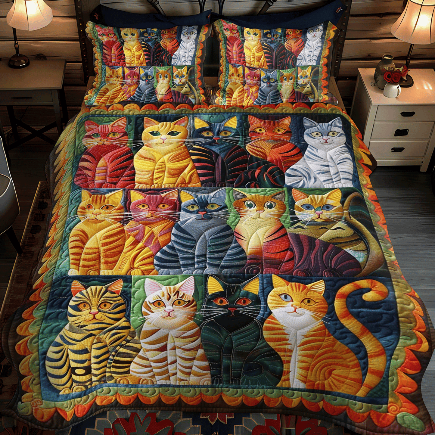 Multicolored Cats 3-Piece Quilted Bedding Set - Single (59" x 70")