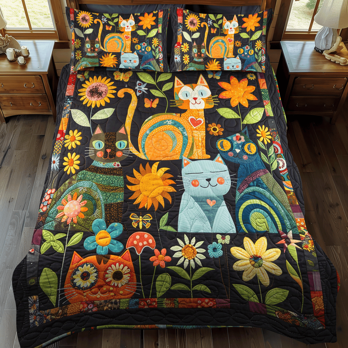 Artistic Cat-Themed 3-Piece Quilted Bedding Set - Single (59" x 70")
