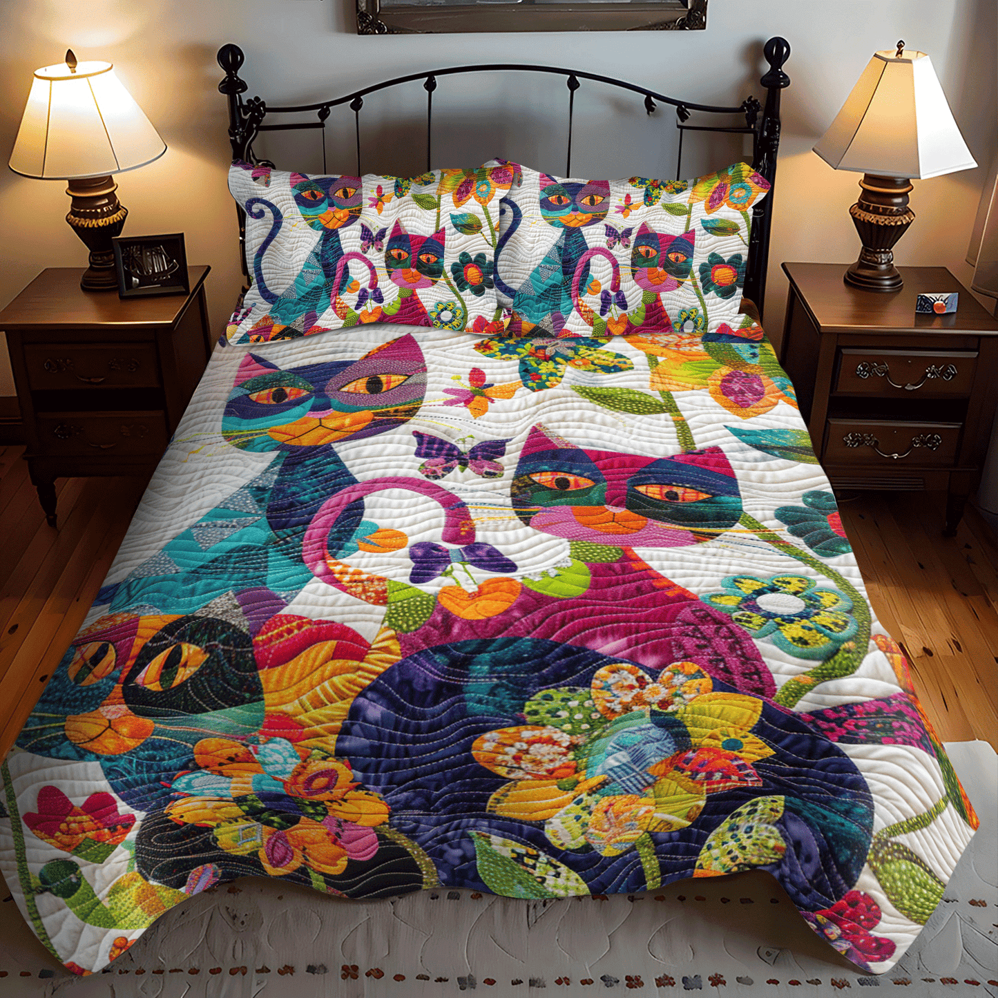 Colorful Cats 3-Piece Quilted Bedding Set - Single (59" x 70")