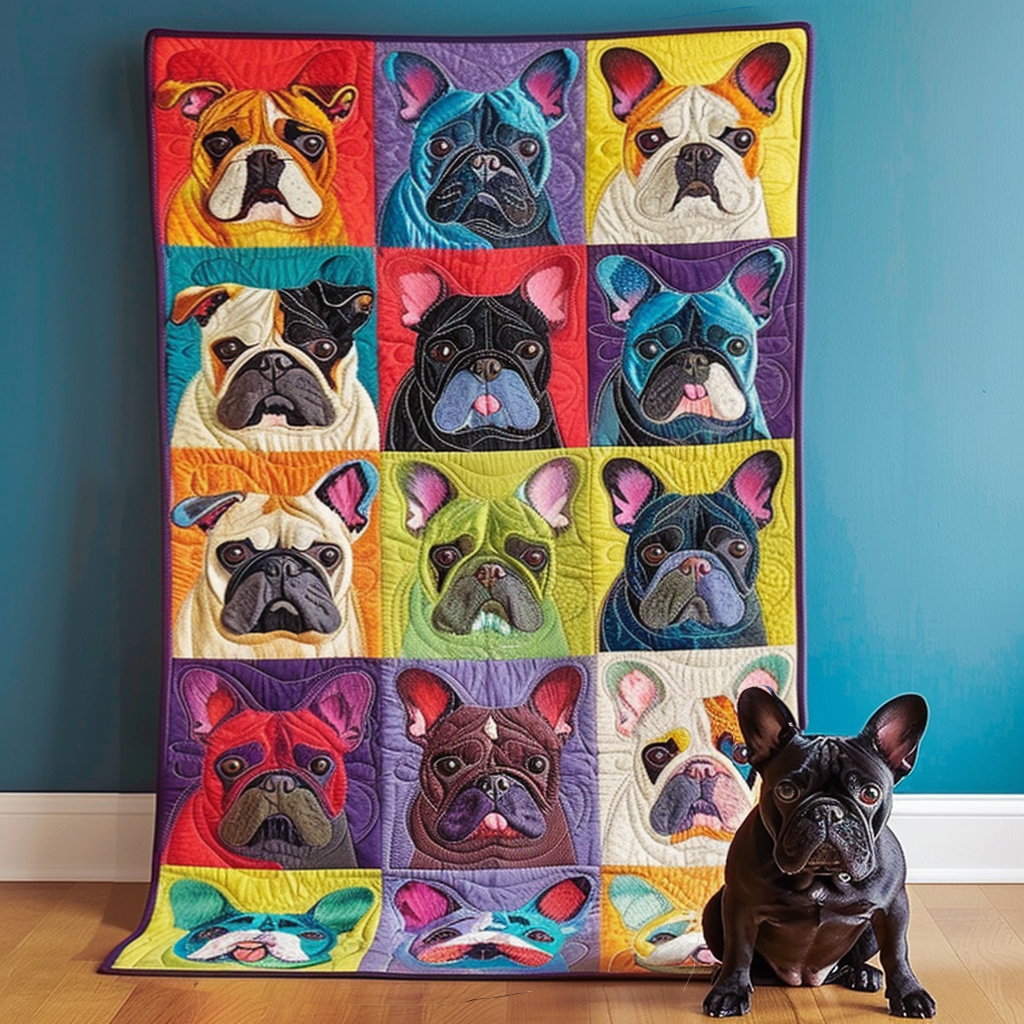 Colorful French Bulldog Quilted Blanket - Throw (55" x 60")