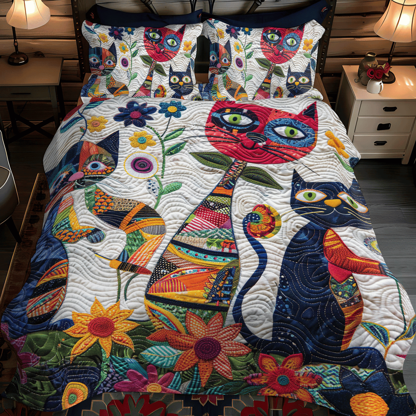 Playful Cats In The Garden 3-Piece Quilted Bedding Set - Single (59" x 70")