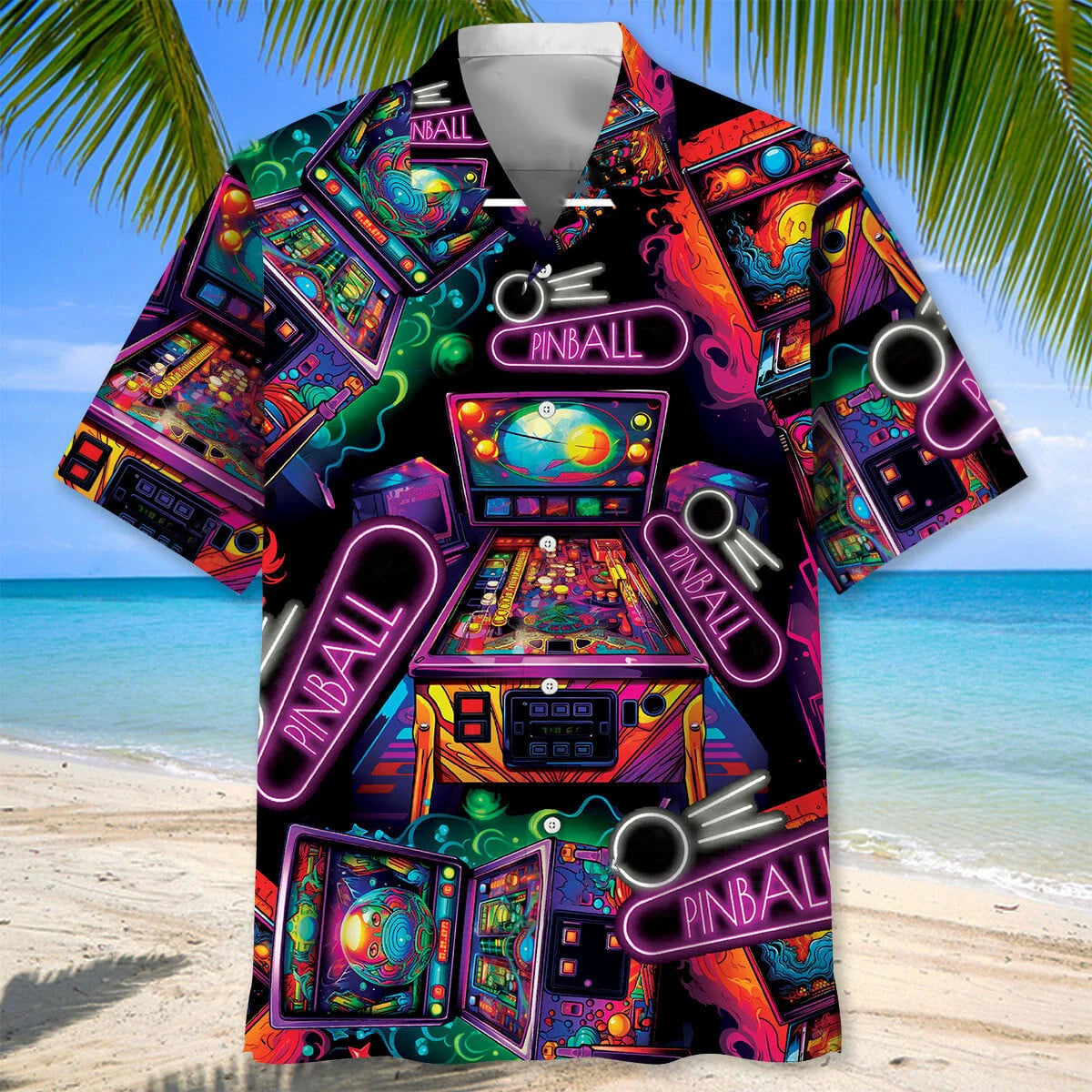 Neon Pinball Arcade Hawaiian Shirt, custom shirt gift for men (view 4)